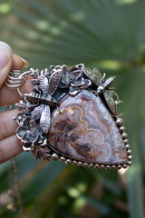 Garden of Whispers — Crazy Lace Agate & Bees Sterling Silver Pendant, AR- 7463
