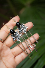 Nocturne Bloom – Handcrafted Black Onyx Floral Dangle Earrings, AE- 7589