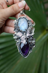 Wings of the Veil: Moonstone & Amethyst Pendant, AR-7507