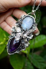 Wings of the Veil: Moonstone & Amethyst Pendant, AR-7507