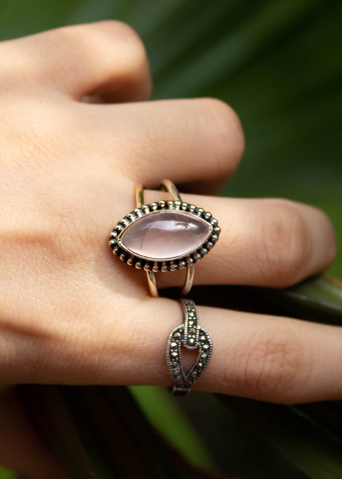Rose Quartz Ring, Marquise Shape Stone Ring AR-6839