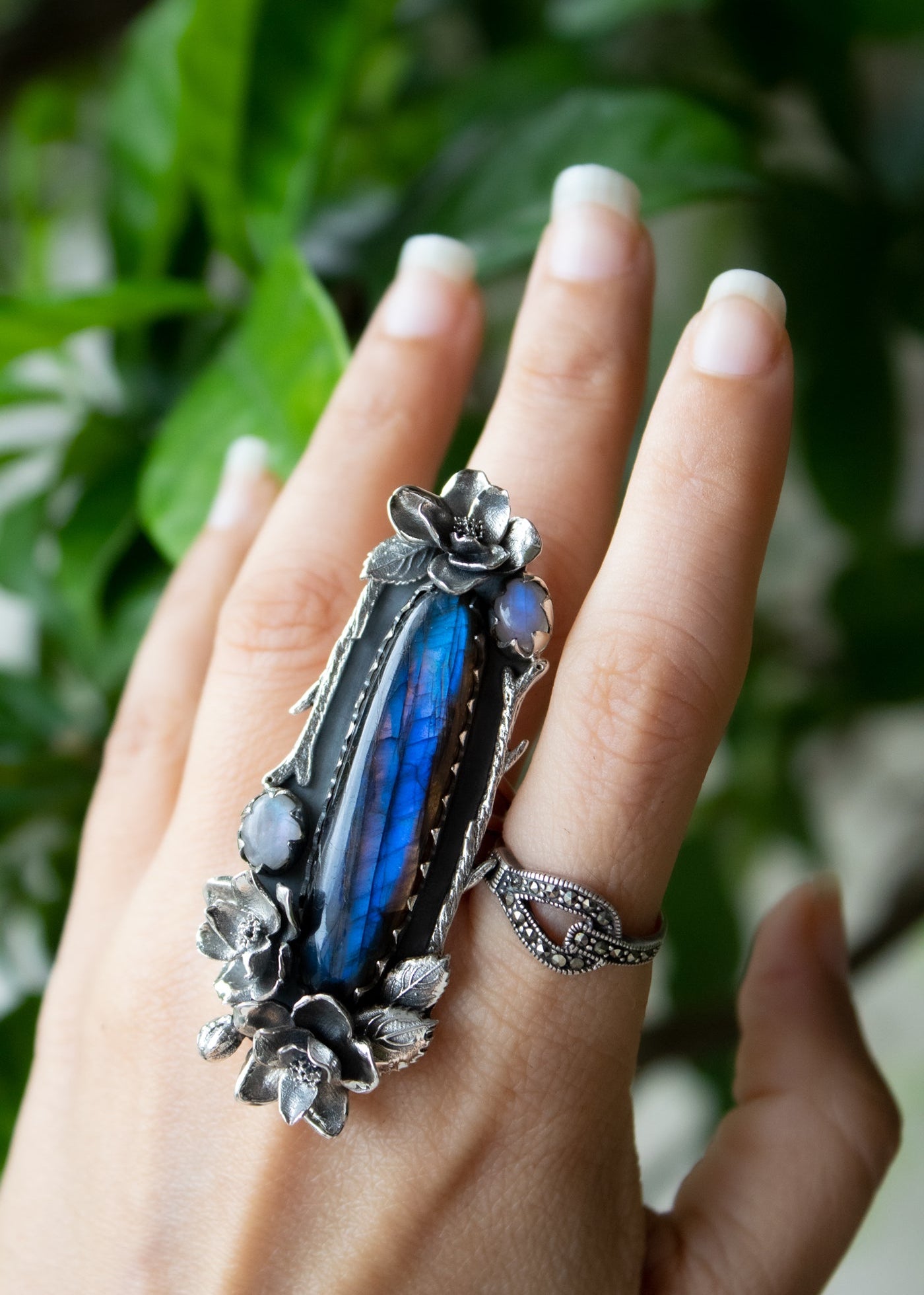 Lunar Garden: Labradorite & Moonstone Ring, AR-7047