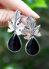 Boucles d'Oreilles Feuille de Chêne Onyx Noir AE-6648