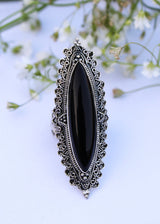 Bague longue en onyx noir en forme de marquise, AR-1018