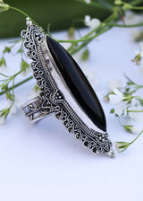 Bague longue en onyx noir en forme de marquise, AR-1018