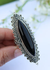 Bague longue en onyx noir en forme de marquise, AR-1018