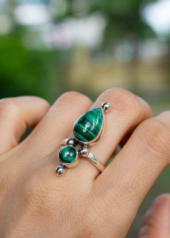 Bague malachite, bague en argent sterling malachite naturelle, bague double pierre AR-1224
