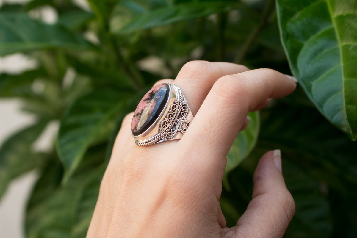 Rhodonite Ring, Rhodonite Sterling Silver Ring, Natural Rhodonite Stone Ring, Handmade Rhodonite Jewelry AR-1238