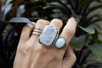 Rainbow Moonstone Ring, 92.5% Sterling Silver, Patterned Band Ring, SKU 6119