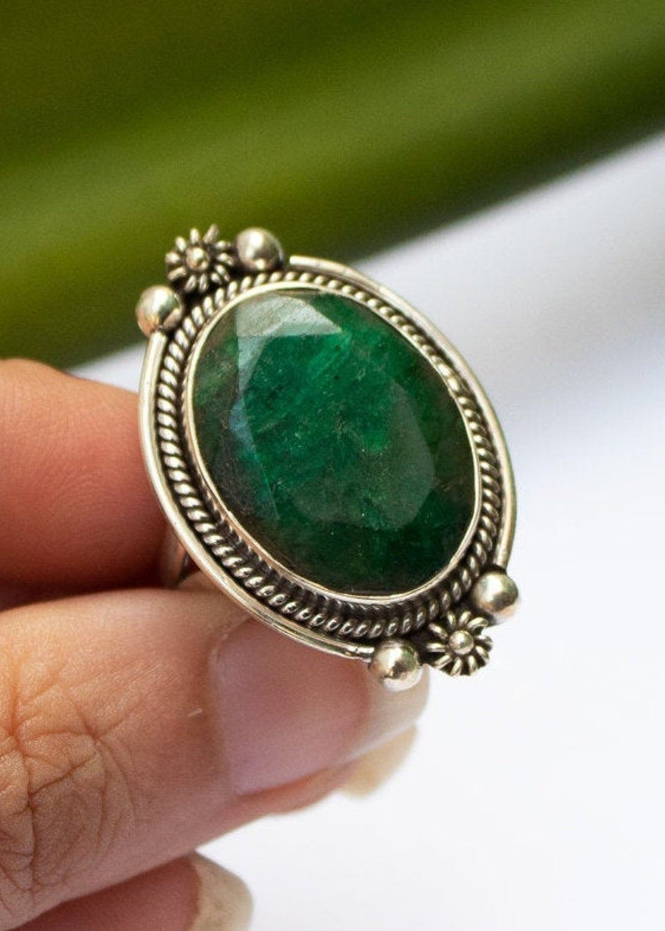 Bague émeraude, argent sterling, pierre précieuse verte, pierre de naissance de mai, SKU 6241