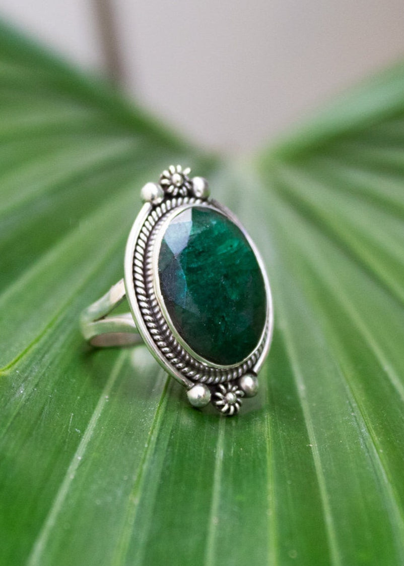 Bague émeraude, argent sterling, pierre précieuse verte, pierre de naissance de mai, SKU 6241