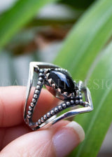 Bague en onyx noir Bague en argent sterling avec pierres précieuses en forme de marquise, SKU 6136