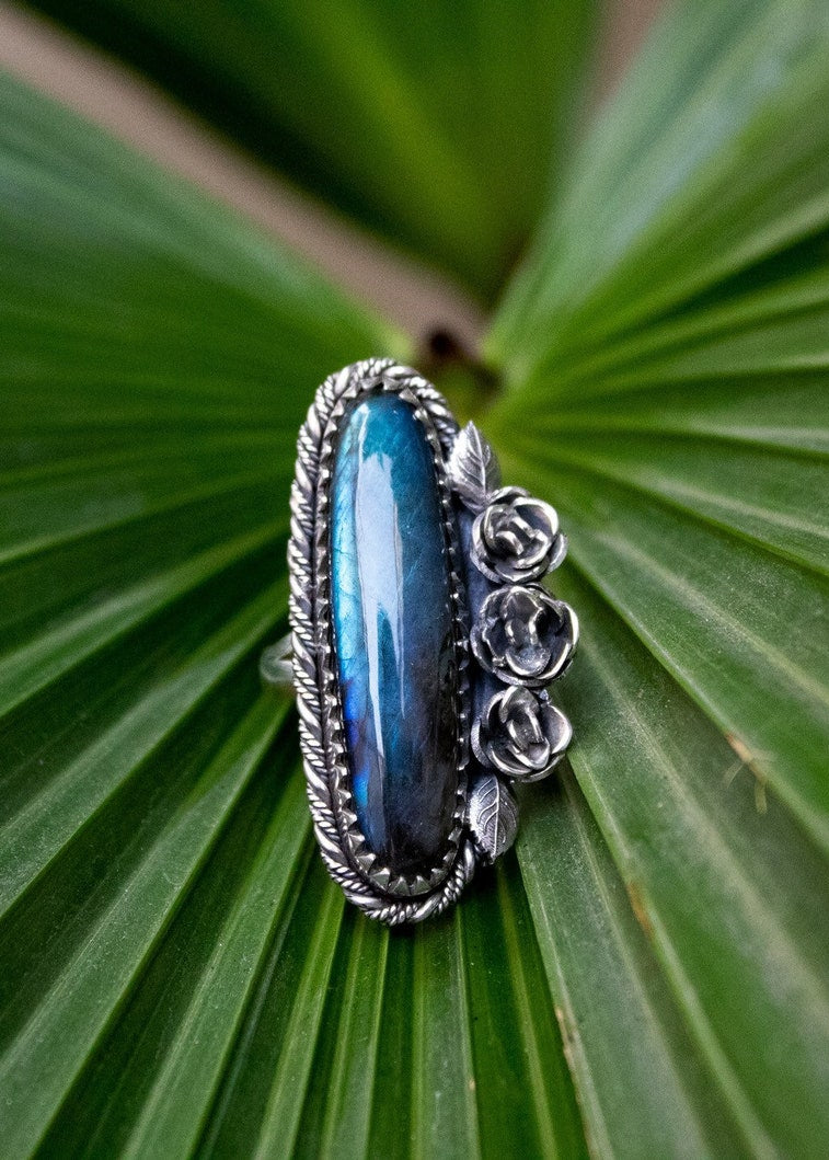 Anneau de Labradorite, anneau bleu d'argent sterling de Labradorite de flash, SKU 6254