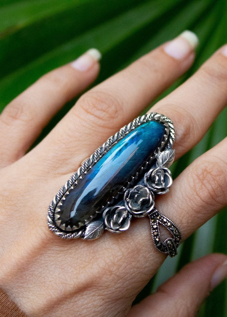 Anneau de Labradorite, anneau bleu d'argent sterling de Labradorite de flash, SKU 6254