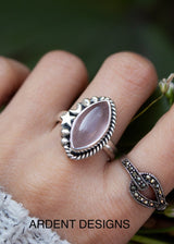 Bague Quartz Rose, Bague en Argent Sterling Forme Marquise, Boho, Bague Céleste, SKU 6184