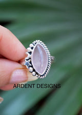 Bague Quartz Rose, Bague en Argent Sterling Forme Marquise, Boho, Bague Céleste, SKU 6184