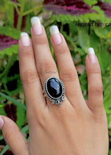 Anneau d'onyx noir, anneau d'Halloween, anneau de crâne, anneau de sorcière, Boho, SKU 6187