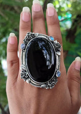 Bague en onyx noir et pierre de lune, bague de sorcière, bague en pierre noire OOAK Halloween, SKU 6311