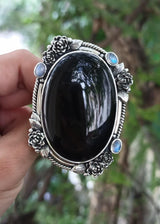 Bague en onyx noir et pierre de lune, bague de sorcière, bague en pierre noire OOAK Halloween, SKU 6311
