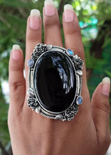 Bague en onyx noir et pierre de lune, bague de sorcière, bague en pierre noire OOAK Halloween, SKU 6311
