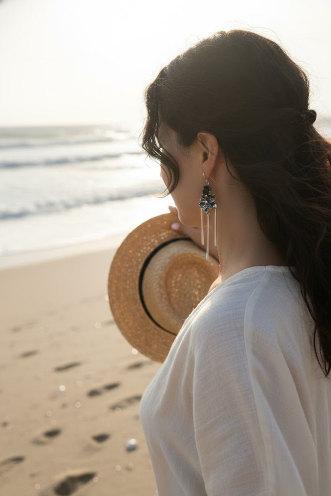 Nocturne Bloom – Handcrafted Black Onyx Floral Dangle Earrings, AE- 7589
