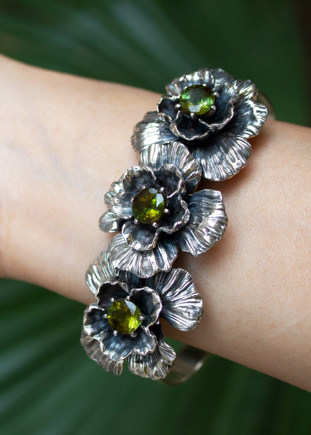 Verdant Blooms: Green Tourmaline Botanical bracelet.