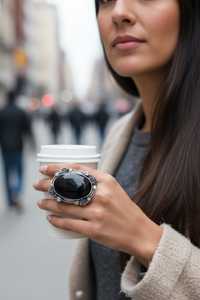 Black Onyx & Moonstone Ring, Witchy Ring, Black Stone Ring OOAK Halloween, SKU 6311
