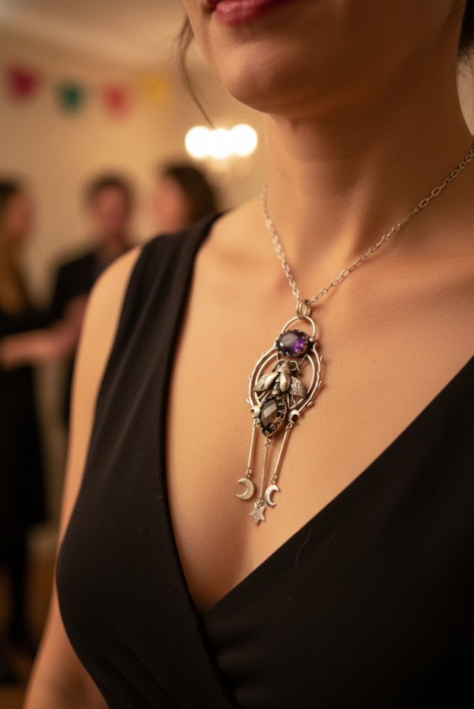 Celestial Alchemy - Amethyst & Smokey Quartz Bee Talisman Pendant, AR-7661