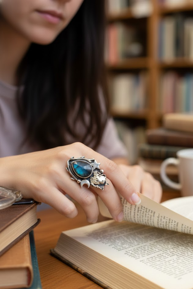 Lunar Guardian – Labradorite Wolf Ring, AR- 7404