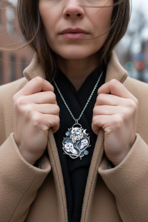Night's Watch: Three Owls and Moonstone Pendant AP-7043