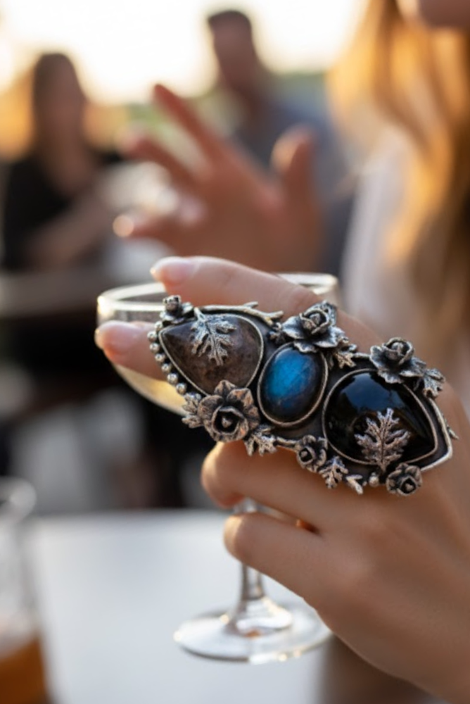 Black Onyx, Black Rutile, & Labradorite Ring, AR- 7691