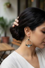 Black Onyx Floral Circle Hoop Earrings, AE-6727