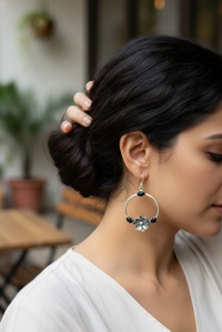 Black Onyx Floral Circle Hoop Earrings, AE-6727