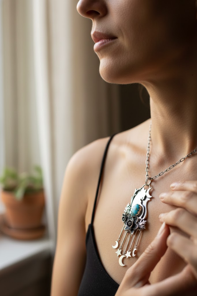 Moonlit Forest Cat — Turquoise & Silver Pendant, AP-7724