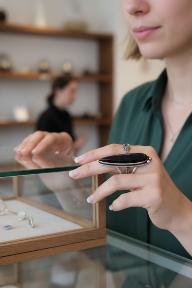 Anillo de plata de ley con piedras preciosas de ónix negro en forma de pera SKU 6027