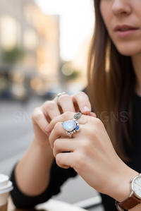 Anillo de piedras preciosas de cianita y piedra lunar natural, Boho, SKU 6186