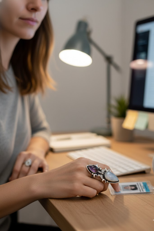 Anillo Piedra Luna y Amatista, Anillo Floral, AR-6613