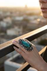 Verdant Serenity — Chrysocolla & Moonstone Rose Ring, AR- 7474