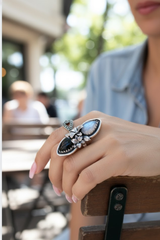 Twilight Blossom – Black Onyx & Moonstone Ring, AR-7393
