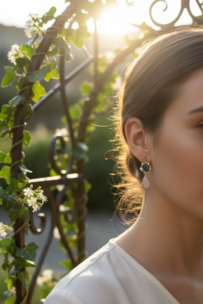 Petals of the Heart — Rose Quartz & Silver Rose Earrings, AR- 7465