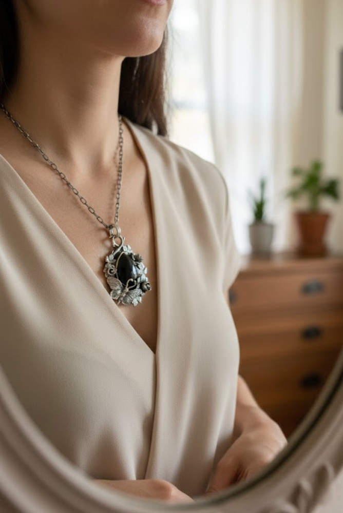 Nocturne Bloom: Black Onyx Pendant, AR-7493