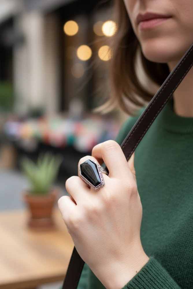 Coffin Ring, Black Onyx Ring, Vintage Inspired, SKU 6162