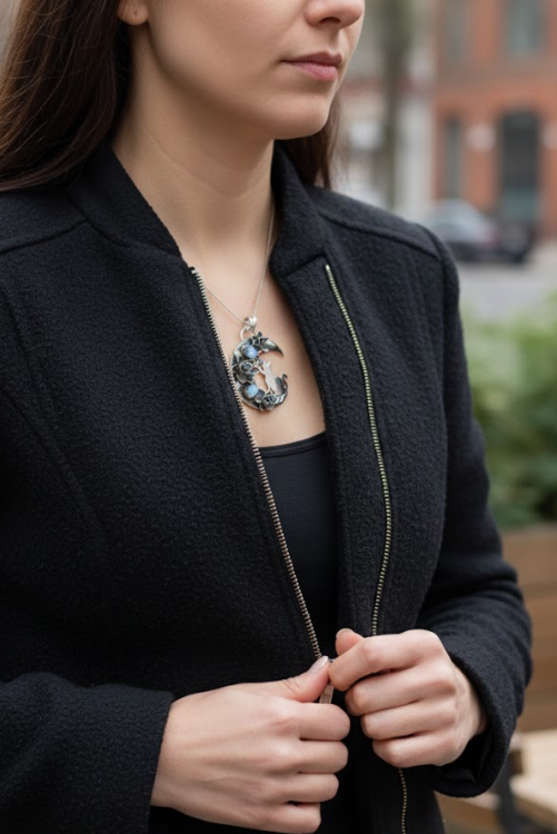 Lunar Sonata: Sterling Silver Half Moon Pendant with Cat, AP- 7032