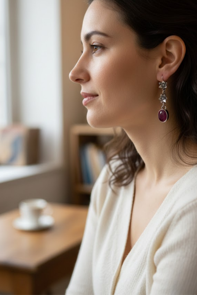 Aretes de rubí, aretes de plata esterlina con piedras preciosas de rubí, piedra natal de julio, SKU 6098