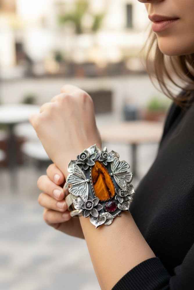 Wings of the Ember Garden — Amber & Tourmaline Botanical Cuff, AR- 7467