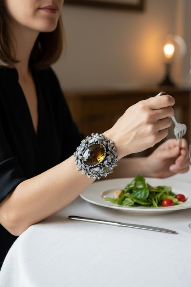 Echoes of Radiance : Champagne Quartz Cuff Bracelet, AB-7621