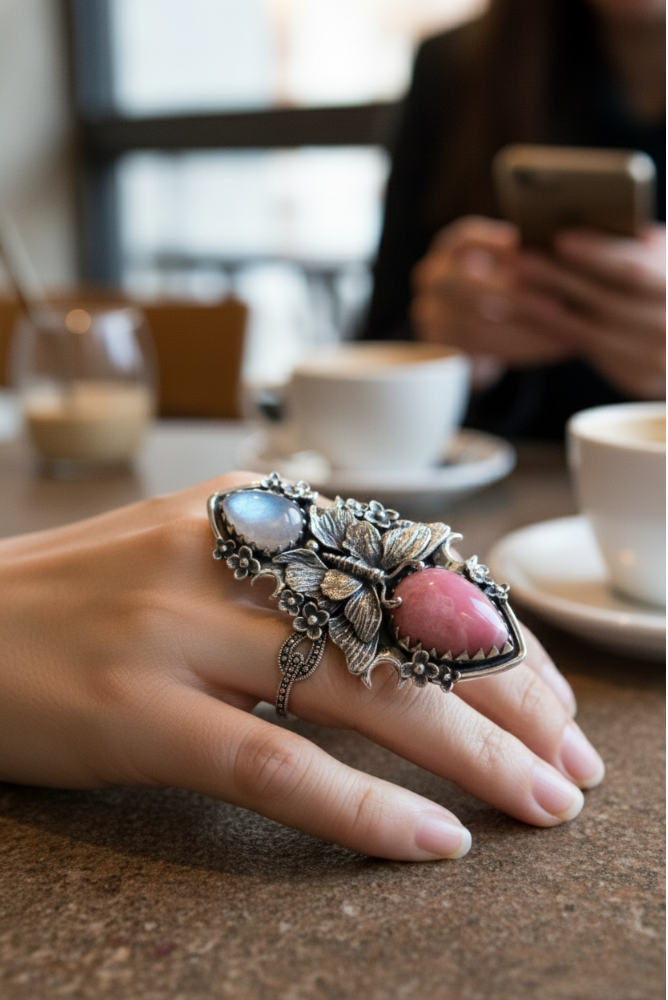 Blushing Butterfly – Pink Opal & Moonstone Ring, AR-7672