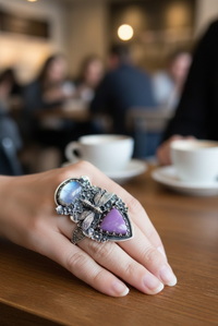 Twilight Meadow Bee – Phosphosiderite & Moonstone Ring, AR-7720