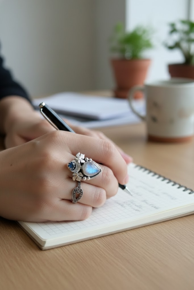 Night Garden Glow – Moonstone & Kyanite Ring, AR-7683
