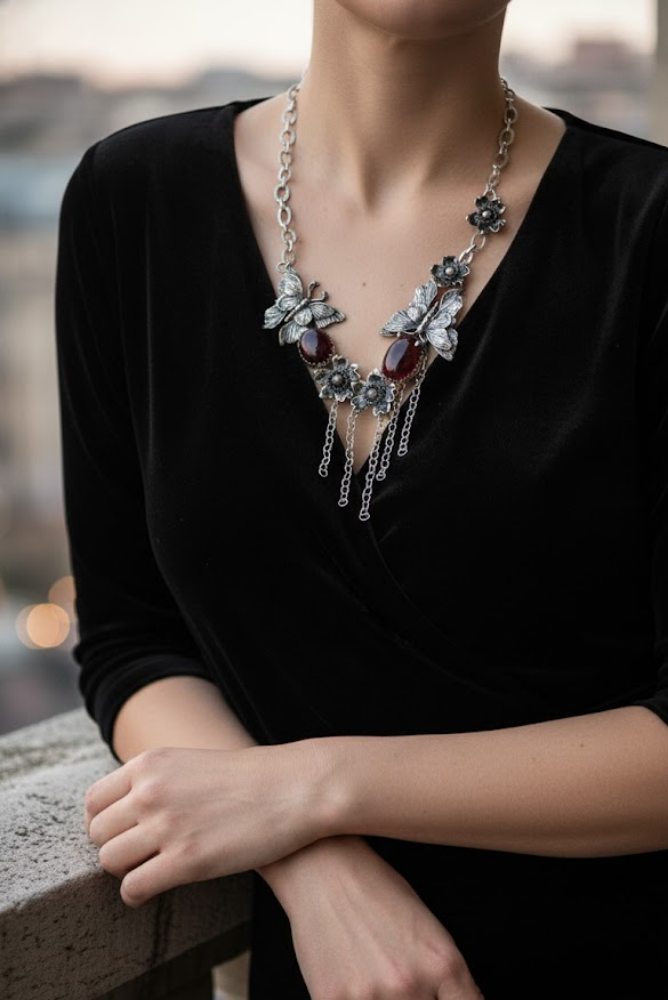Twilight Forest Butterflies – Garnet Necklace, AP-7692